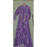 Circa 1860's lilac striped silk dress with long sleeves, cream lace trims, train to reverse,