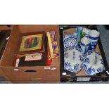 Five boxes including games, clock face, various ornaments, two needlework pictures, German figure,