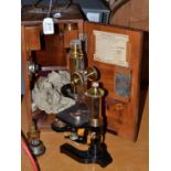 A brass and ebonised monocular microscope and case