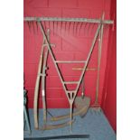 Hay cutter, muck cowl, hay rake, hoe and two scythes