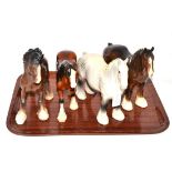 Beswick Shire Horses comprising: 'Shire Mare', model No. 818, grey gloss; another, brown gloss; '