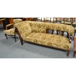 A late Victorian upholstered chaise longue and matching armchair