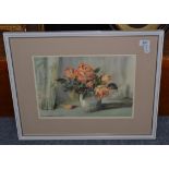 E Charles Simpson, roses in a ginger jar, signed, watercolour