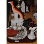 Staffordshire greyhound, Victorian plate, silver spoons, pair of relief plaques, Belleek jug, etc