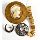 A 9ct gold gate bracelet, a cameo brooch, a moonstone brooch and a crescent brooch