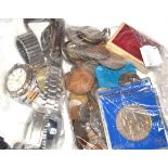 Quantity of assorted coins and watches