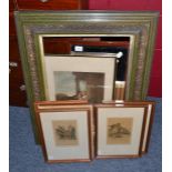 Five framed prints, a Wheatley engraving, a picture frame and a mirror