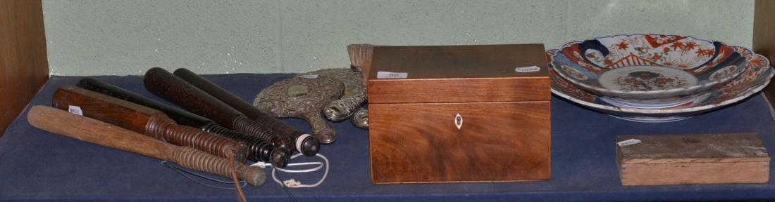 Two Japanese Imari plates, plated dressing table items, truncheons, scales, etc