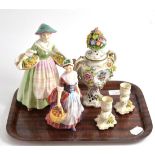 Two Royal Doulton figures ''Daffy-Down Dilly'' HN1712 and ''Prue'' HN1996, Dresden vase and cover