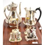 Pair of silver small flower tubes, plated coffee pot and hot water jug, china fairings and a