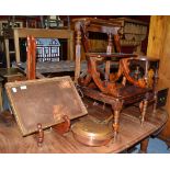 Mahogany library steps, mahogany box, stool, tray, warming pan and a folding stand