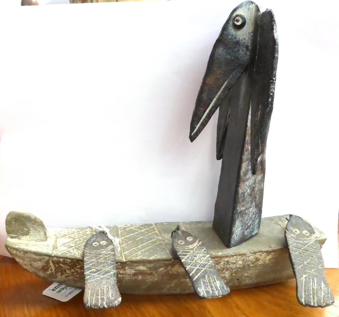 John Maltby (b.1936): A Stoneware Bird and Fish Boat, sculpted with a bird on a boat with three - Image 2 of 4