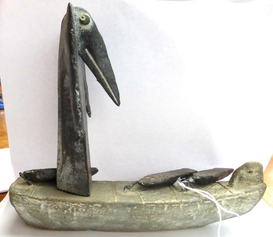 John Maltby (b.1936): A Stoneware Bird and Fish Boat, sculpted with a bird on a boat with three - Image 3 of 4