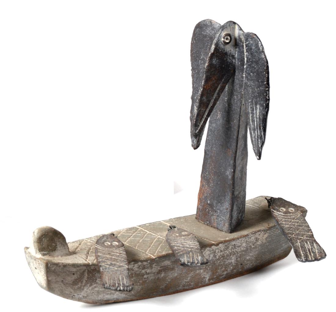 John Maltby (b.1936): A Stoneware Bird and Fish Boat, sculpted with a bird on a boat with three