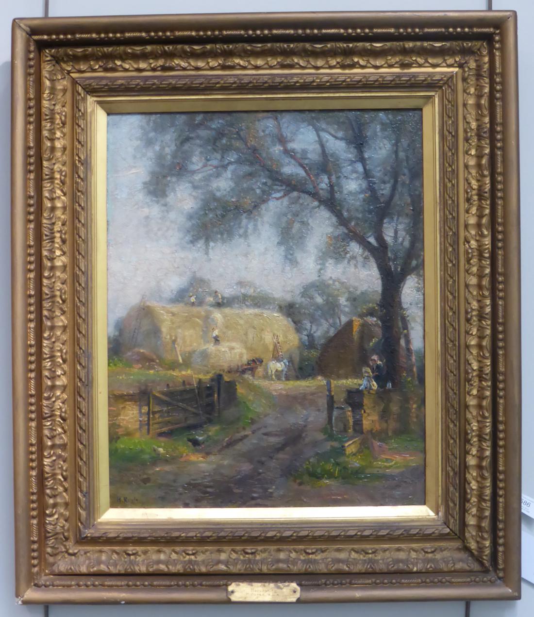 Herbert F Royle (1870-1958) ''Stacking Hay'' Signed, bears original inscribed label verso, oil on - Image 2 of 3