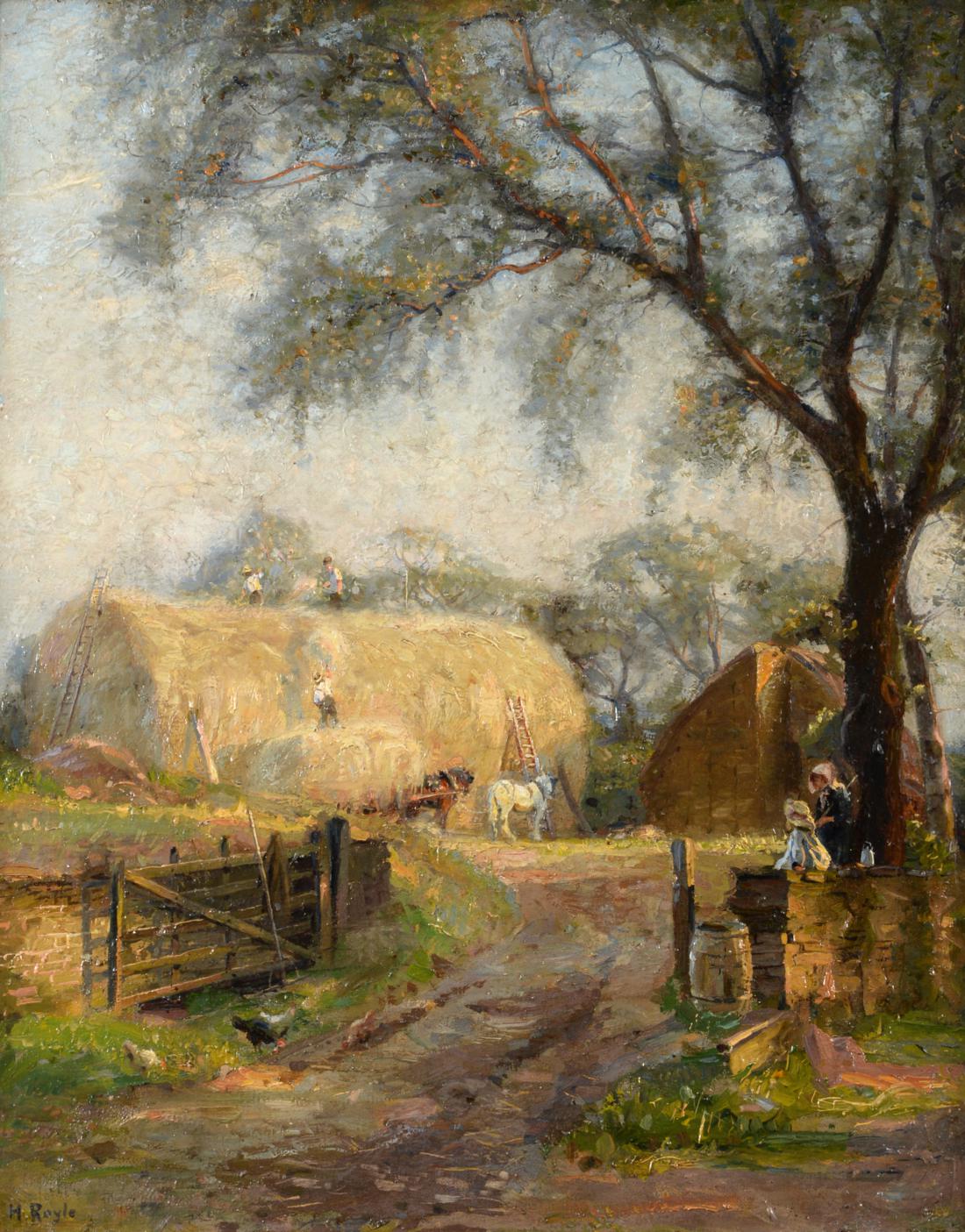 Herbert F Royle (1870-1958) ''Stacking Hay'' Signed, bears original inscribed label verso, oil on