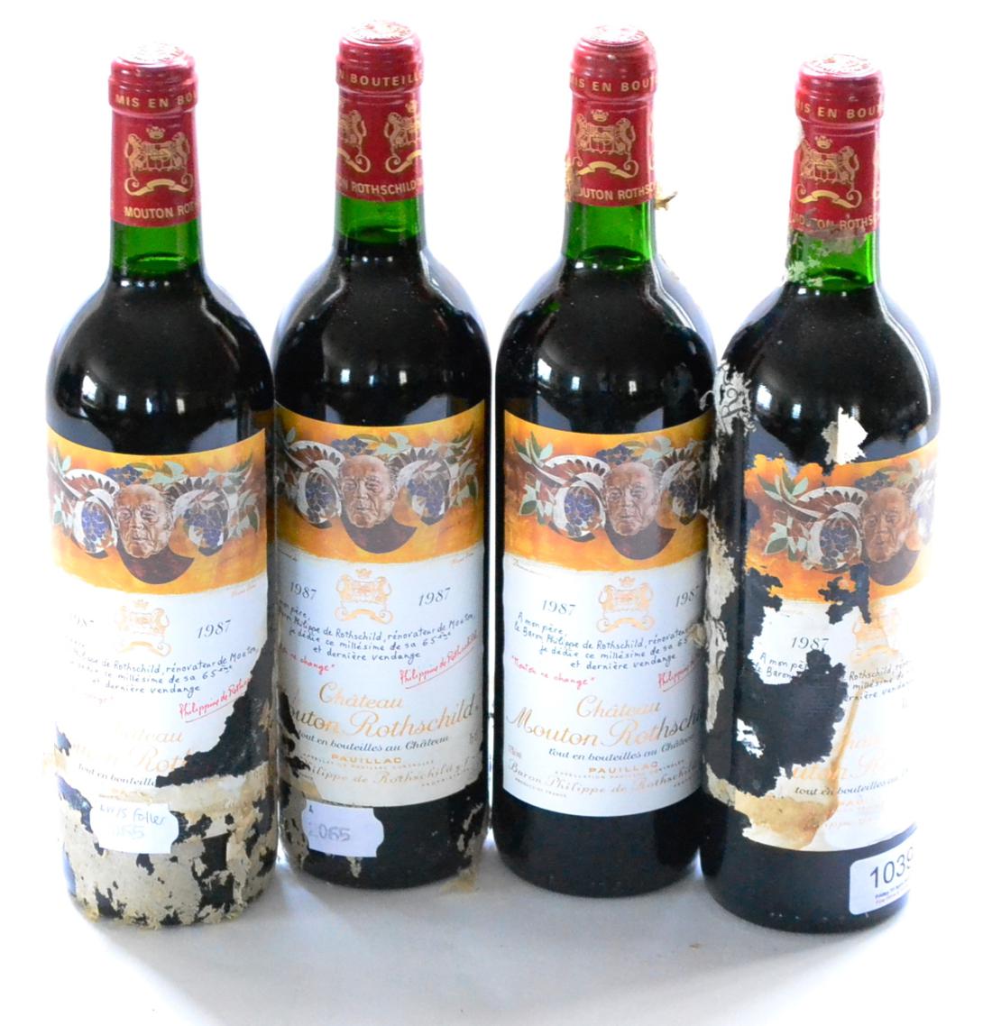 Chateau Mouton Rothschild 1987, Pauillac (x4) (four bottles) U: into neck, soiled, stained and