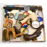 Ruskin type pottery mounts, pocket watch, guinea scale, Sunday school badges etc