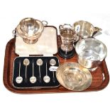 A collection of silver including six coffee spoons, cream jug, sugar bowl etc