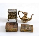 Silver miniature chest and coffee pot, and two snuff boxes