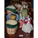 A collection of Doulton figures, others similar, character jugs and Sylvac pottery