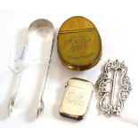 Silver sugar nips, buckle, vesta and brass snuff box