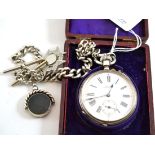 An open faced pocket watch, case stamped 'fine silver', with a silver watch chain