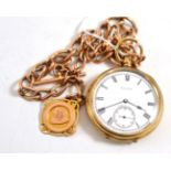 A gold plated pocket watch signed Elgin, circa 1910, 50mm wide, and a watch chain, links stamped '