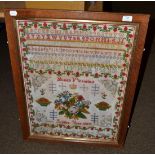 A Golden Jubilee commemorative sampler, dated 1887, worked in coloured wool with alphabets over a