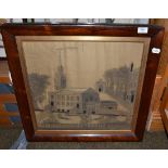 A 19th century silkwork panel depicting church in a landscape, circa 1830, 46cm by 47cm