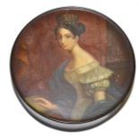 A lacquer circular box and cover, circa 1840, the cover painted with a bust portrait of Queen