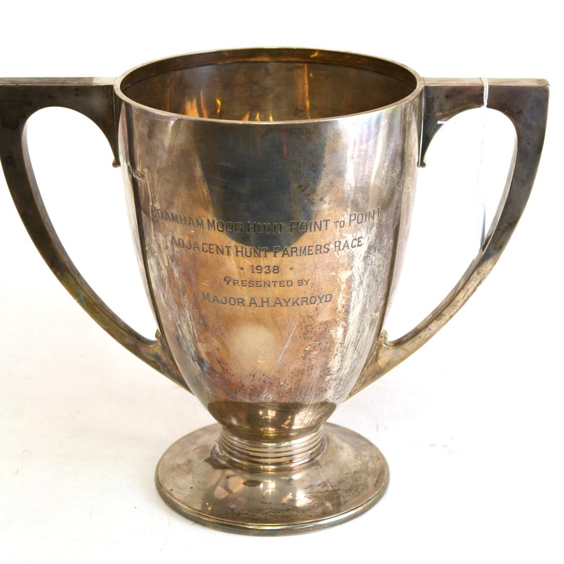 Art Deco silver twin handled trophy cup, Bramham Moor Hunt Point to Point Adjacent Hunt Farmers'