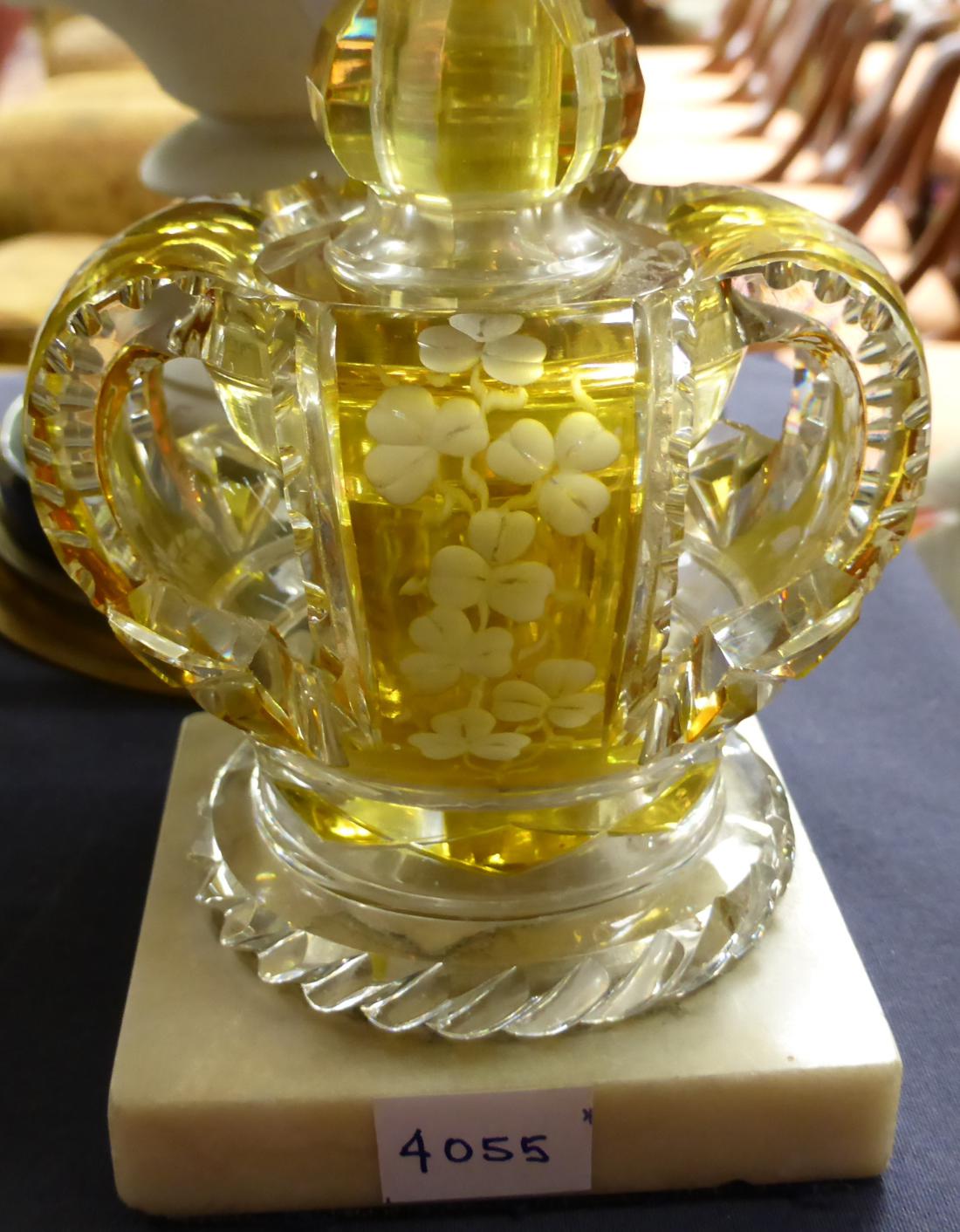 A Bohemian amber flashed scent bottle and stopper, circa 1880, modelled as a crown engraved with a - Image 9 of 13