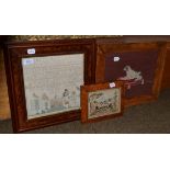 Framed alphabet sampler by Hannah Marrap, dated 1824, 26cm by 26cm; a woolwork picture of a dog,