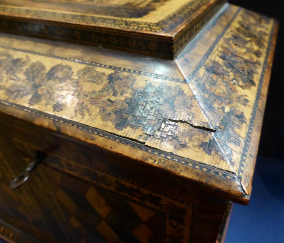 A 19th century Tunbridgeware table casket, the caddy top with a view of a castle over two - Image 11 of 17