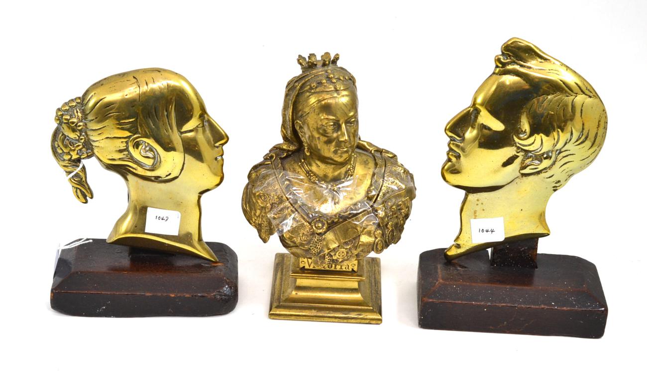 A brass box and cover, circa 1897, as a bust of Queen Victoria on a titled square socle, 19cm high