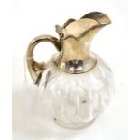 Silver topped glass claret jug (a.f.) Hinge damaged, clear marks, otherwise ok