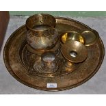 Islamic brass charger, signed to verso and ten other pieces
