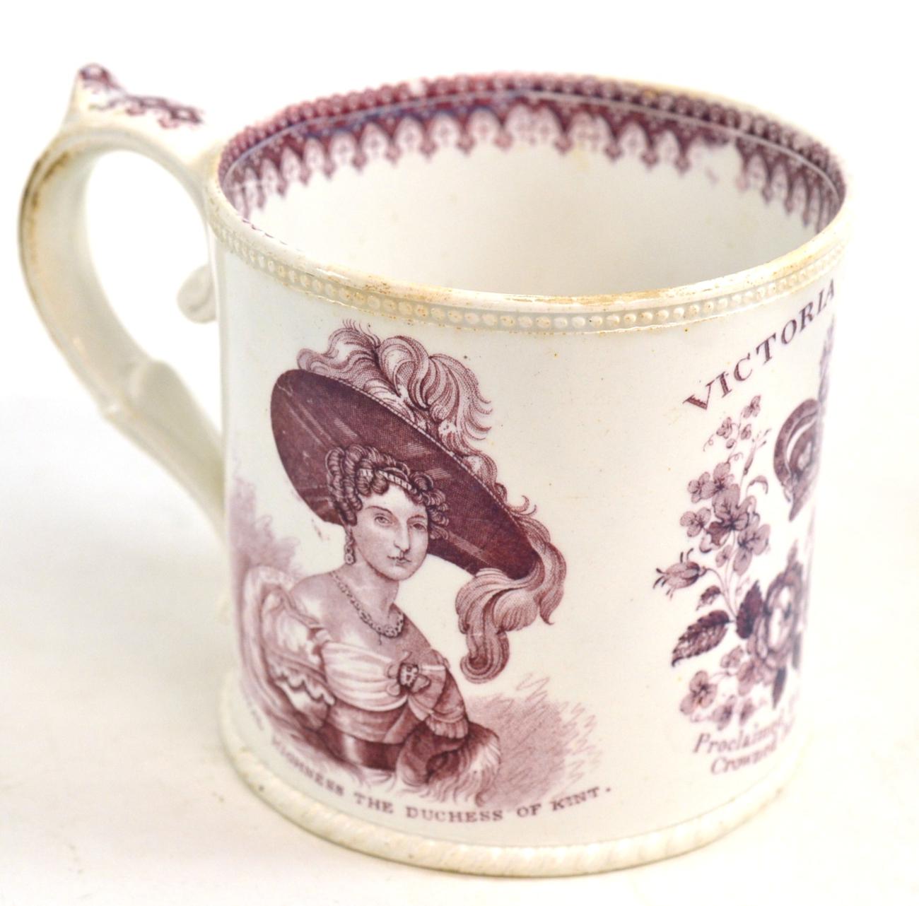 Read & Clementson Coronation commemorative mug, circa 1838, printed in puce ''VICTORIA REGINA AND