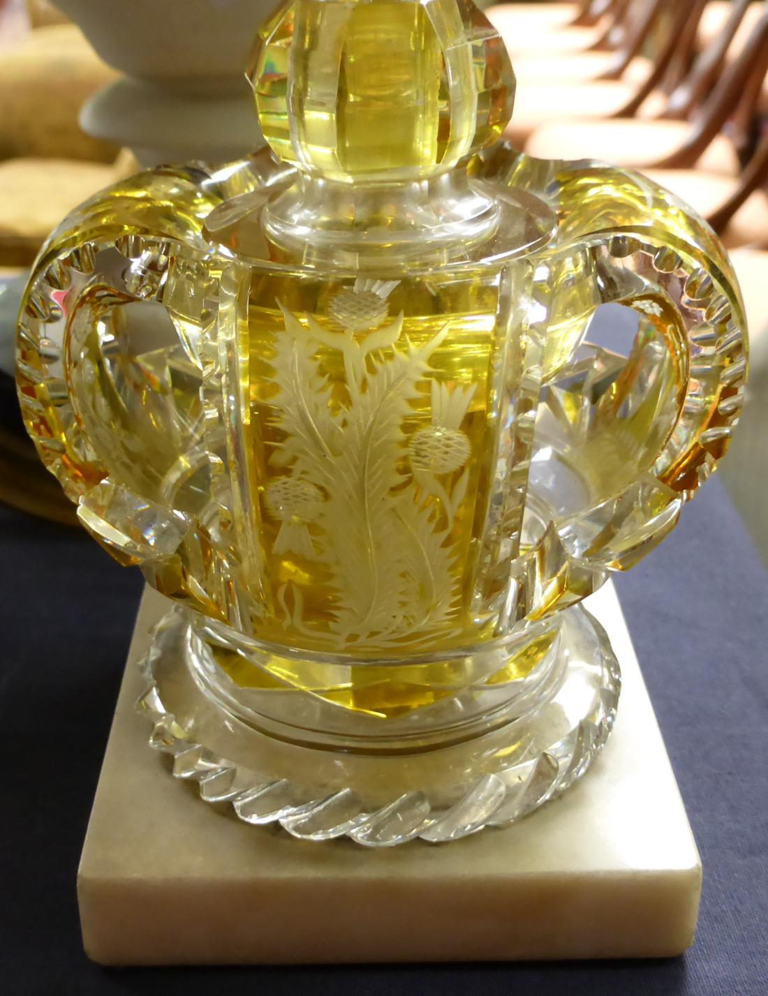 A Bohemian amber flashed scent bottle and stopper, circa 1880, modelled as a crown engraved with a - Image 7 of 13