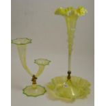 A Victorian green Vaseline glass epergne, height 46cm, and a smaller two branch example, height 30cm