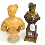 A brass bust of the young Queen Victoria wearing Renaissance style headdress and dress, on a