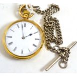 An 18ct gold fob watch, 1891, lever movement, enamel dial with Roman numerals, cuvette with engraved