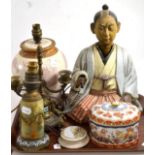 A Japanese earthenware nodding head pagoda figure, 34cm high; a cloisonne mounted onyx table lamp,