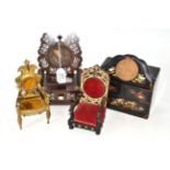 Two chair watch stands, mother-of-pearl inlaid rosewood watch stand and a chest of drawers watch