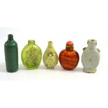 Three pottery and two glass Chinese snuff bottles