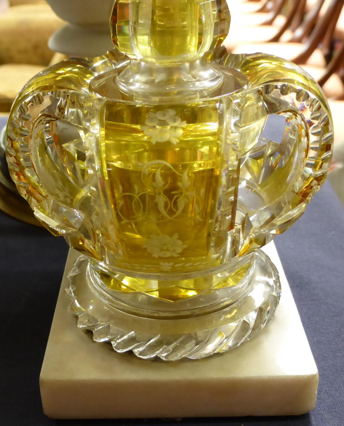 A Bohemian amber flashed scent bottle and stopper, circa 1880, modelled as a crown engraved with a - Image 8 of 13