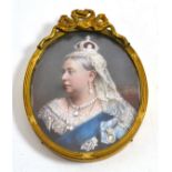 English School, late 19th century, a miniature portrait of Queen Victoria in crown and regalia, oval