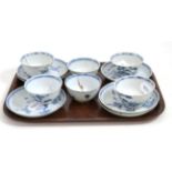 A set of six Chinese porcelain tea bowls and saucers, Qianlong, painted underglaze blue with