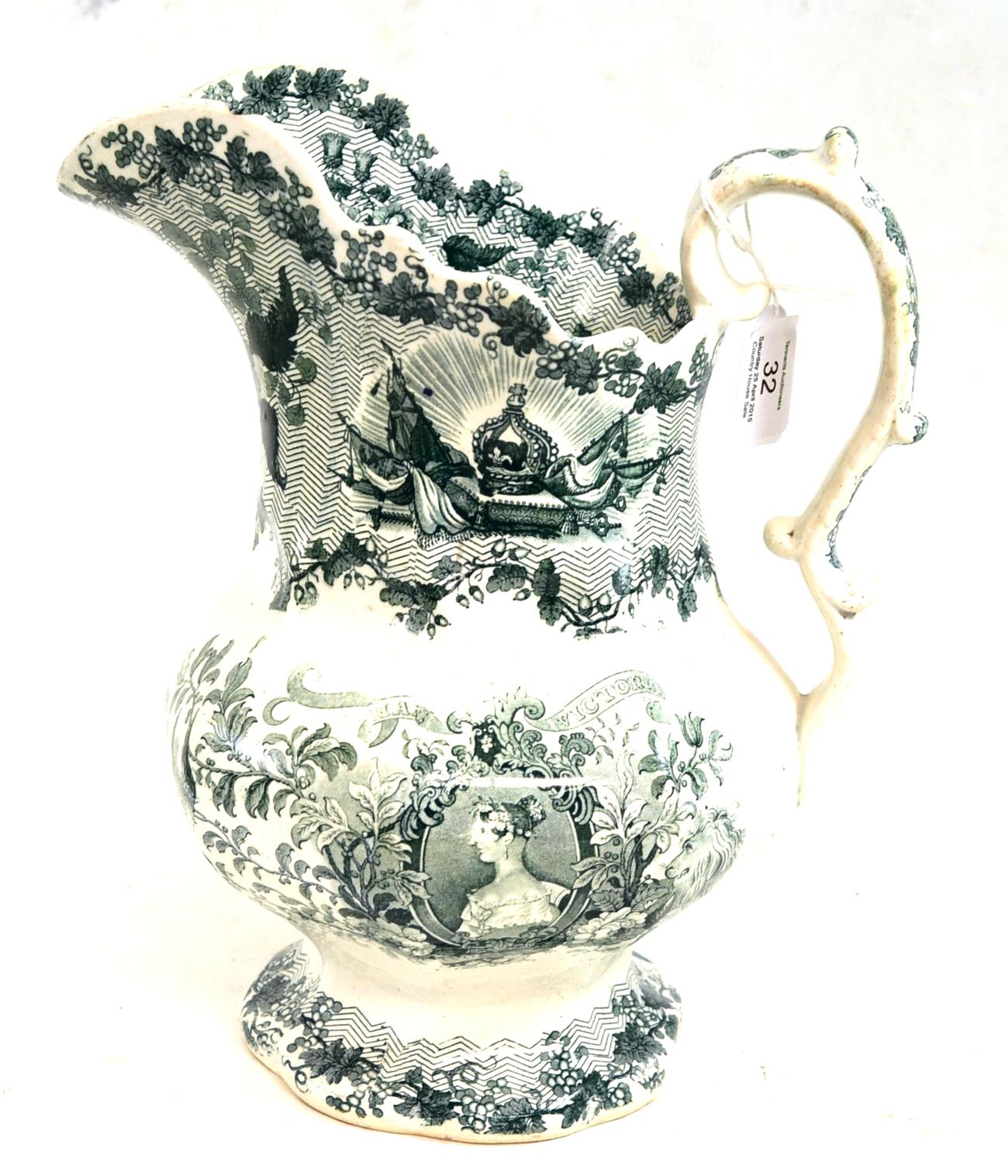 A Staffordshire pottery water jug, circa 1840, of panelled baluster form printed in green with